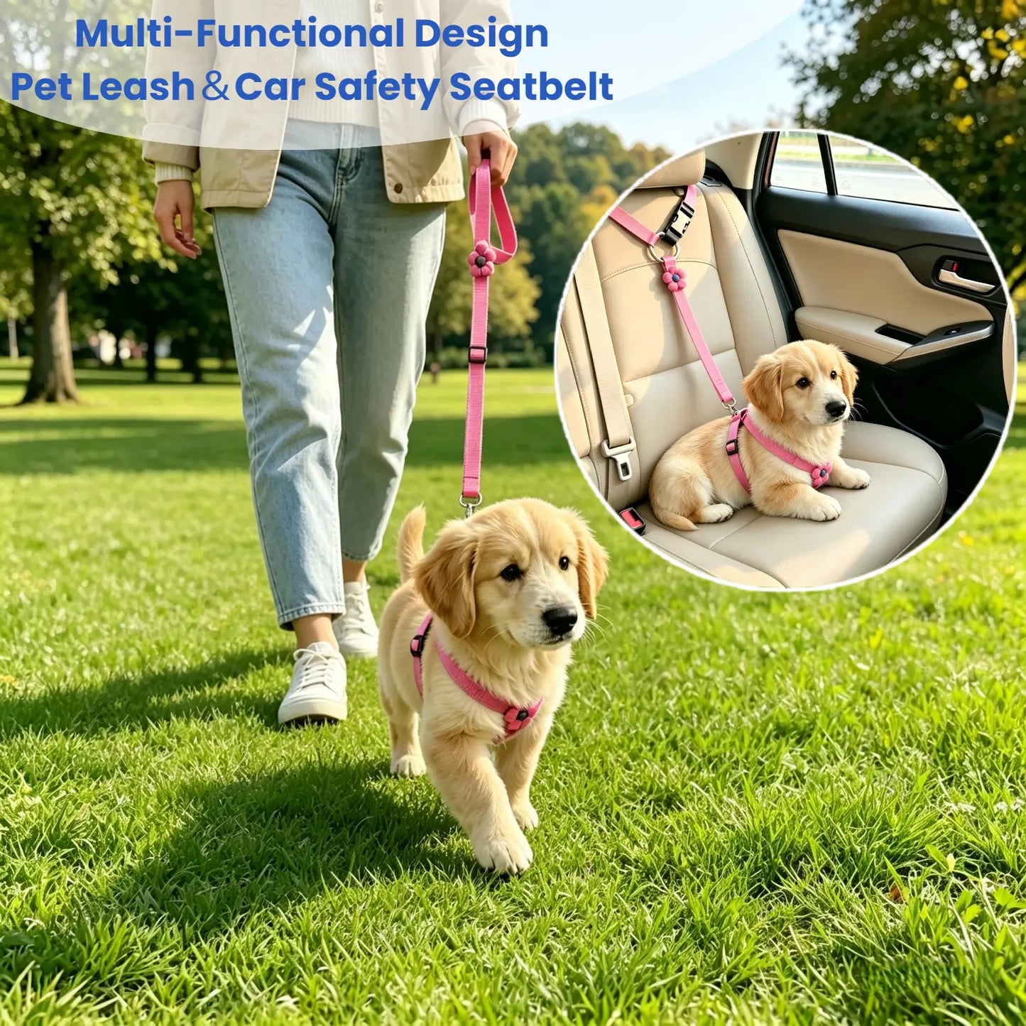 Adjustable Dog Car Safety Seat Belt with Cute Leash - Set of 2