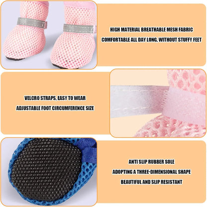 Summer Breathable Dog Shoes for Small Breeds - Reflective Adjustable Non-Slip Paw Protectors - Mesh Dog Boots for Hot Pavement