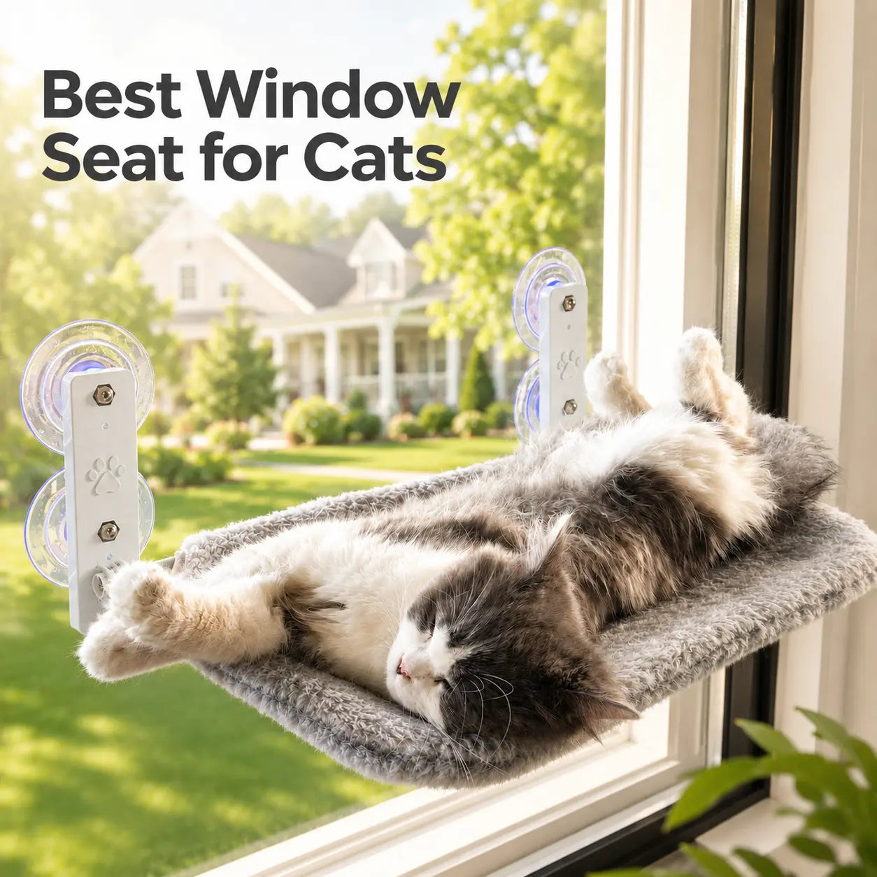 Metal Frame Cat Hammock for Windows - Foldable, Cordless, Machine Washable Bed with Strong Suction Cups - Indoor Cat Perch