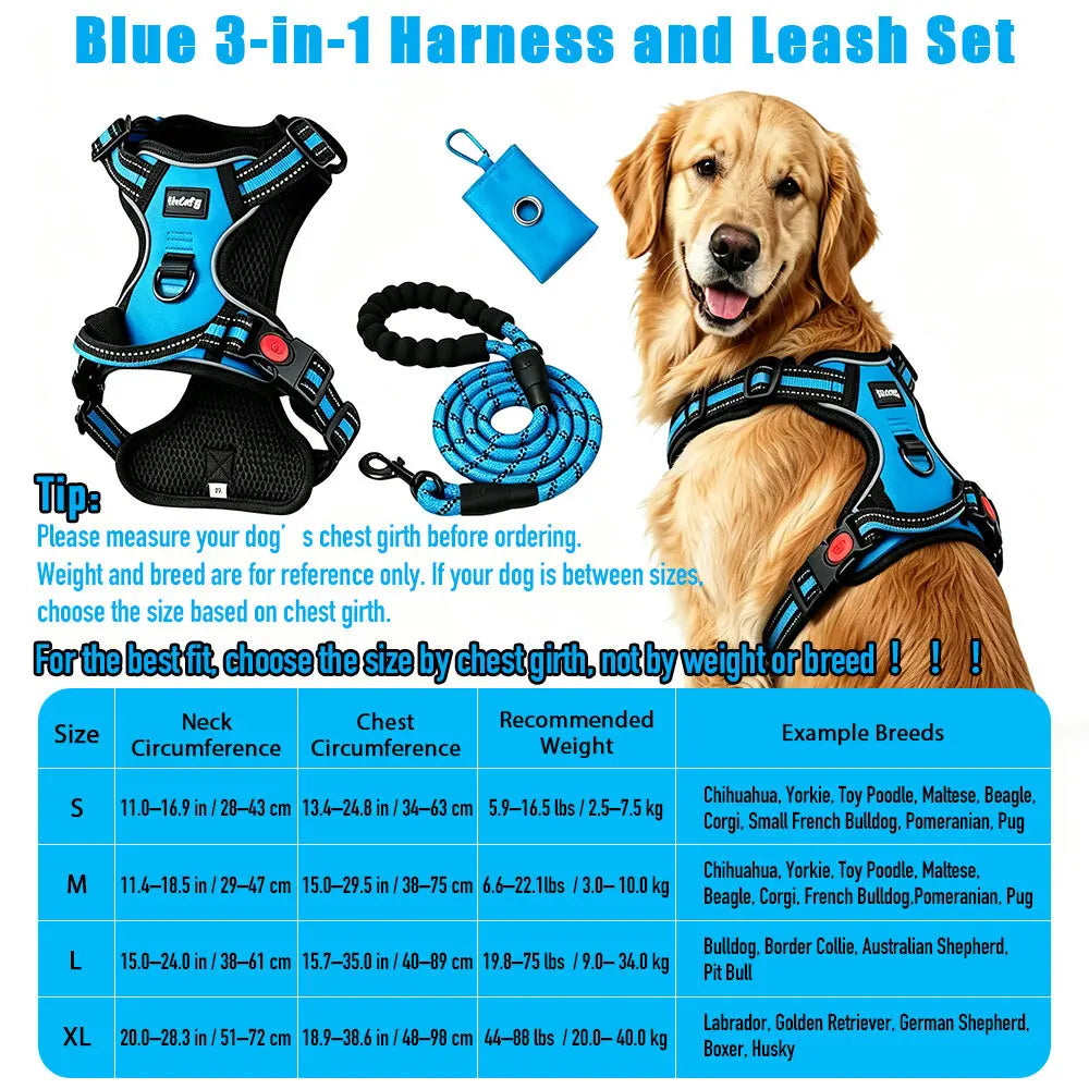 HELETY Purple 3-in-1 Adjustable No-Pull Dog Vest Harness and Leash Set, Sizes S-XL, Dual Front and Back D-Ring Clips, 360° Reflective Design, Padded Chest, Oxford Fabric, Night Safety Features, Built-In Poop Bag Holder, Tangle-Free Cooling Bungee Strap