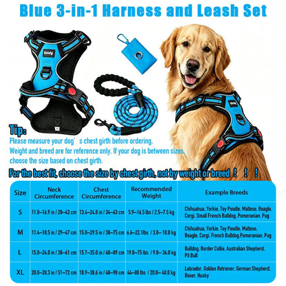 HELETY Purple 3-in-1 Adjustable No-Pull Dog Vest Harness and Leash Set, Sizes S-XL, Dual Front and Back D-Ring Clips, 360° Reflective Design, Padded Chest, Oxford Fabric, Night Safety Features, Built-In Poop Bag Holder, Tangle-Free Cooling Bungee Strap