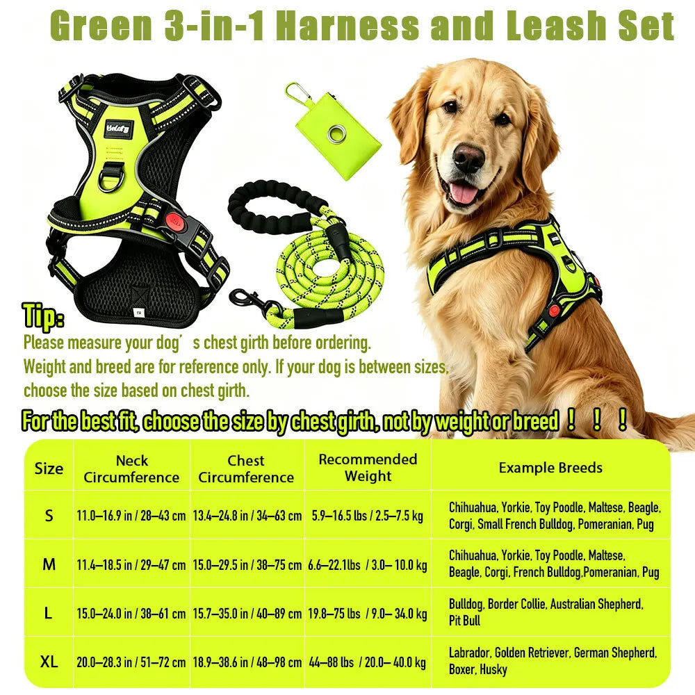 HELETY Purple 3-in-1 Adjustable No-Pull Dog Vest Harness and Leash Set, Sizes S-XL, Dual Front and Back D-Ring Clips, 360° Reflective Design, Padded Chest, Oxford Fabric, Night Safety Features, Built-In Poop Bag Holder, Tangle-Free Cooling Bungee Strap