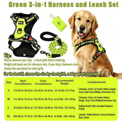 HELETY Purple 3-in-1 Adjustable No-Pull Dog Vest Harness and Leash Set, Sizes S-XL, Dual Front and Back D-Ring Clips, 360° Reflective Design, Padded Chest, Oxford Fabric, Night Safety Features, Built-In Poop Bag Holder, Tangle-Free Cooling Bungee Strap