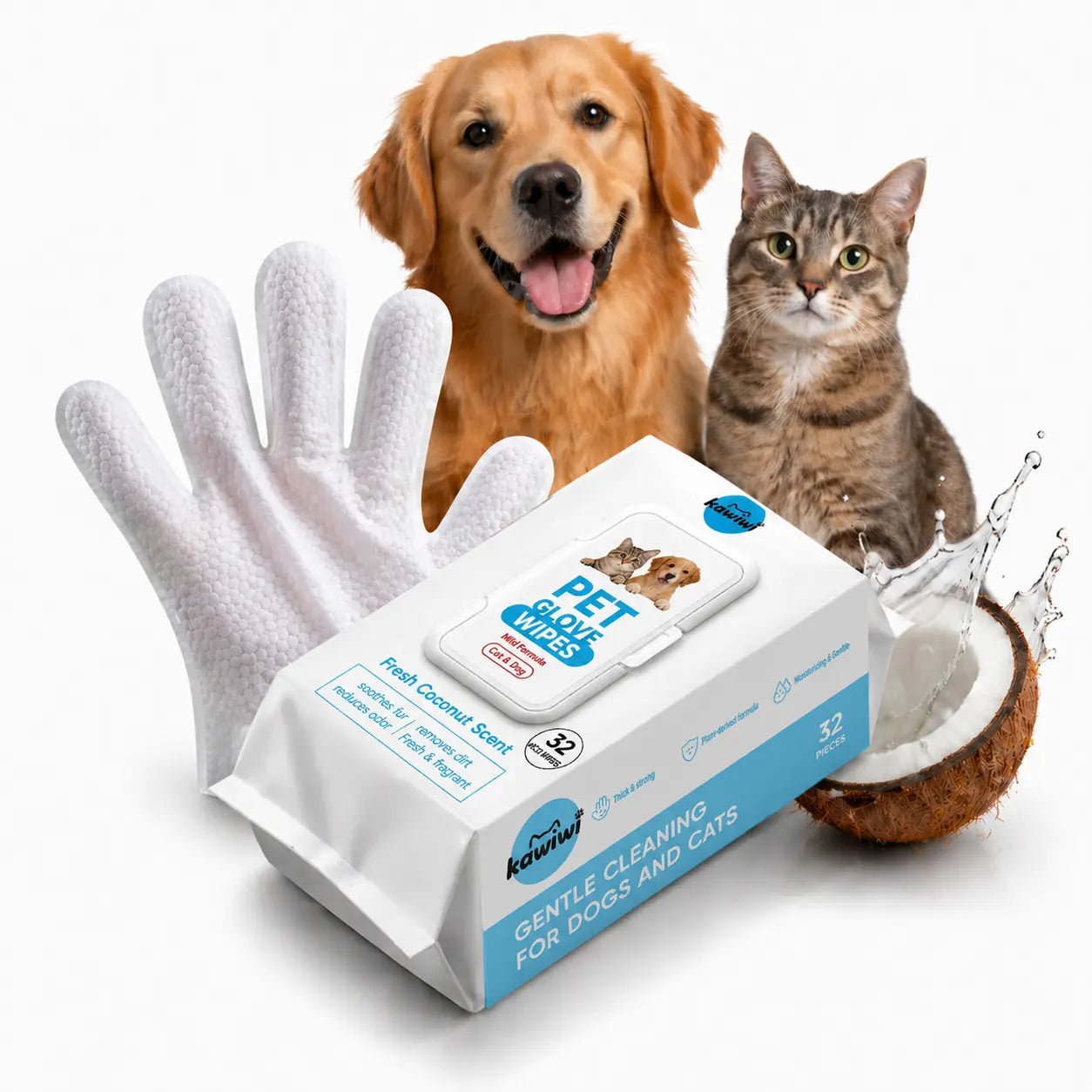 Kawiwi 32-Count Hypoallergenic Pet Grooming Wipes with Coconut Scent - Disposable Glove Wipes for Dogs and Cats, Ideal for Fur Nourishment, Hair Removal, and Skin Care for Daily and Travel Use