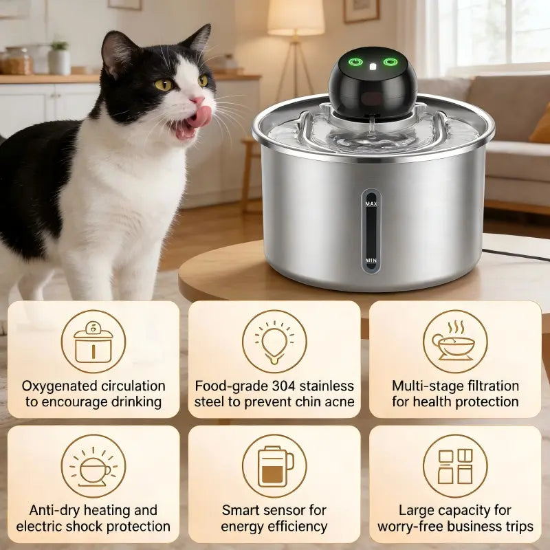 Cfume 2026 Advanced Smart Infrared Sensor Automated Cat Water Fountain - 304 Stainless Steel, 3L Capacity, 5000mAh Battery-Free Operation, 4-Layer Filtration System, Ultra Quiet Design, Dry-Burn Prevention, Water Level Indicator