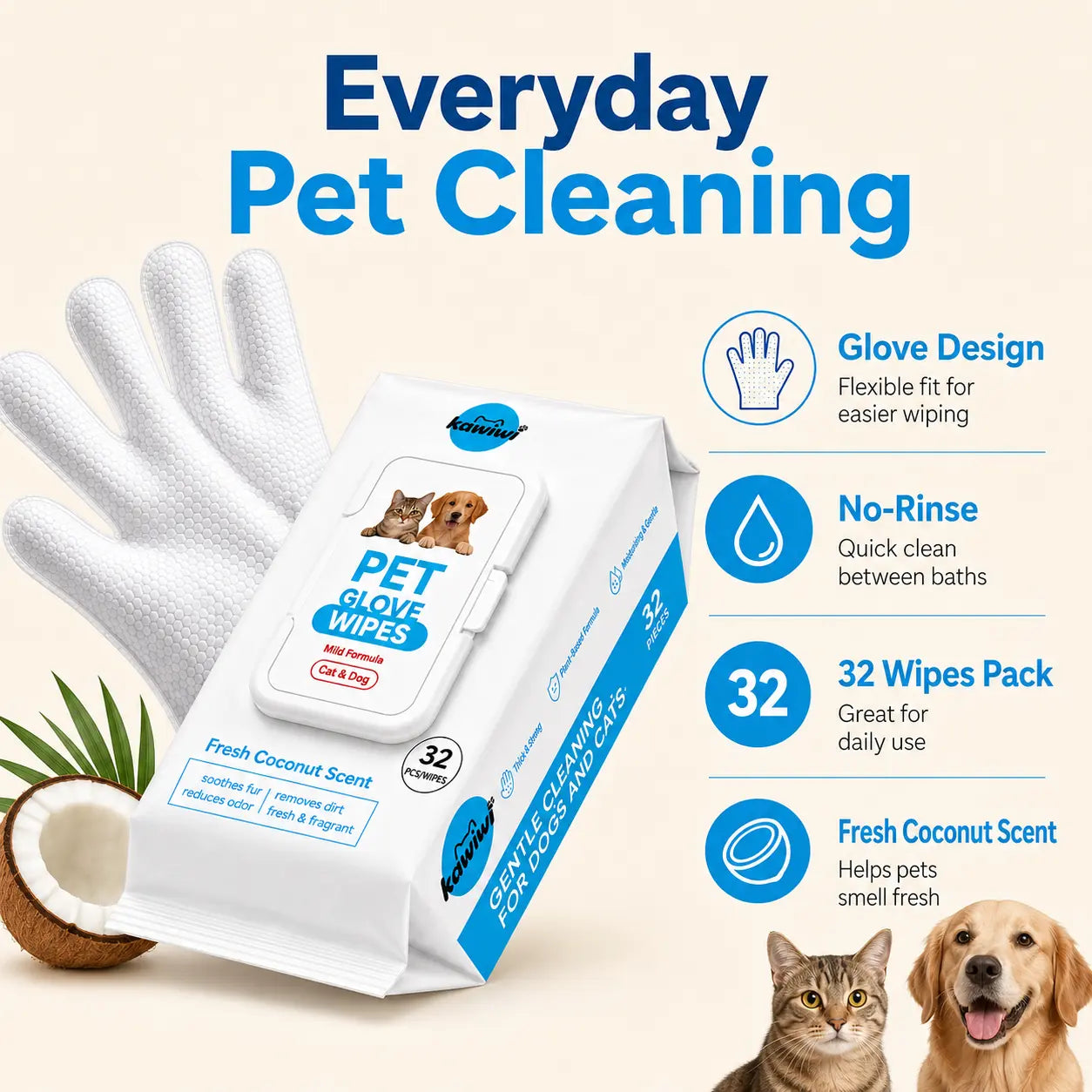 Kawiwi 32-Count Hypoallergenic Pet Grooming Wipes with Coconut Scent - Disposable Glove Wipes for Dogs and Cats, Ideal for Fur Nourishment, Hair Removal, and Skin Care for Daily and Travel Use