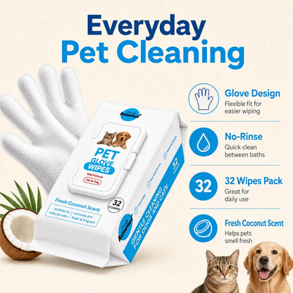 Kawiwi 32-Count Hypoallergenic Pet Grooming Wipes with Coconut Scent - Disposable Glove Wipes for Dogs and Cats, Ideal for Fur Nourishment, Hair Removal, and Skin Care for Daily and Travel Use