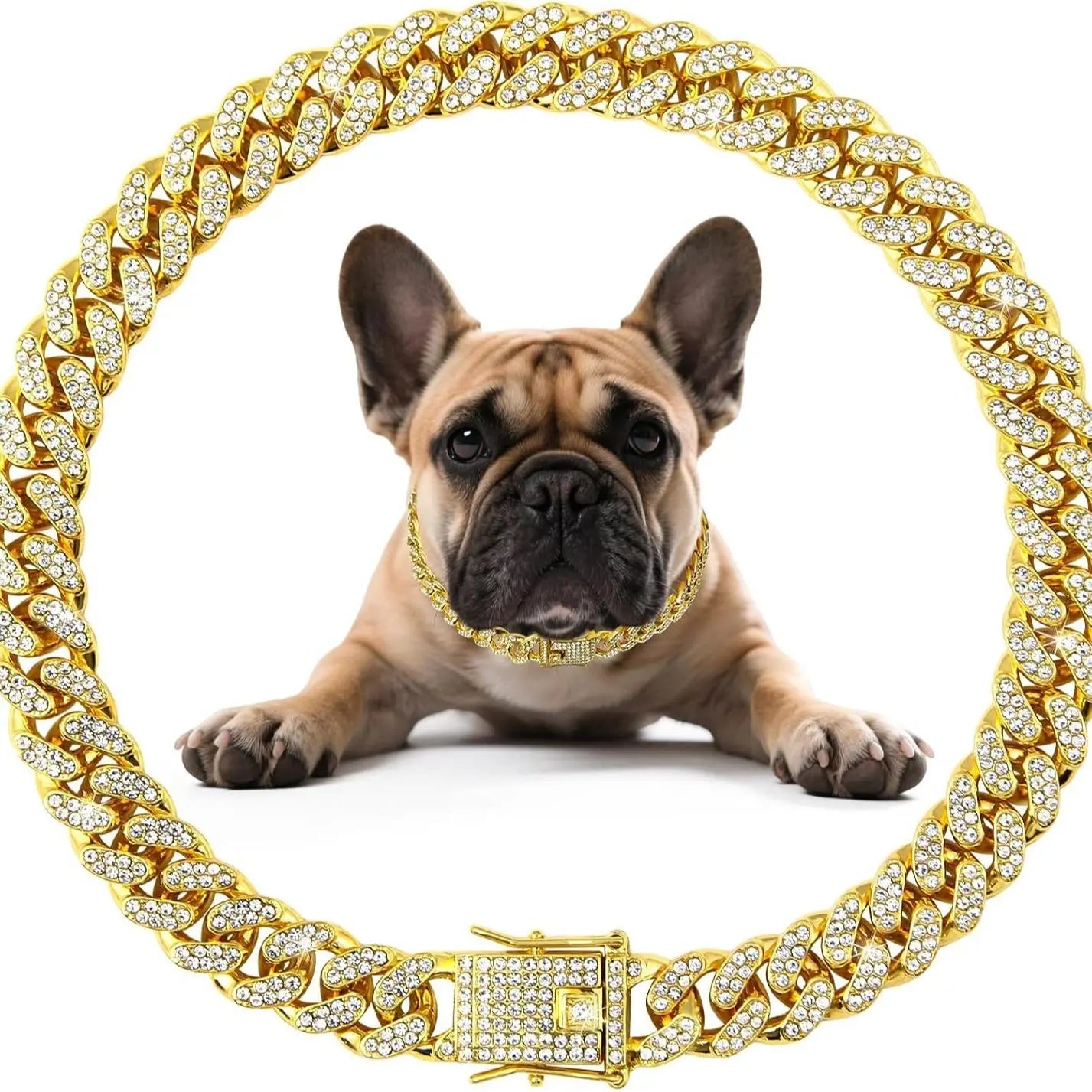 Diamond-Studded Metal Chain Collar with Secure Buckle for Small to Large Dogs and Cats - Cuban Style Pet Accessory