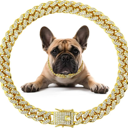 Diamond-Studded Metal Chain Collar with Secure Buckle for Small to Large Dogs and Cats - Cuban Style Pet Accessory