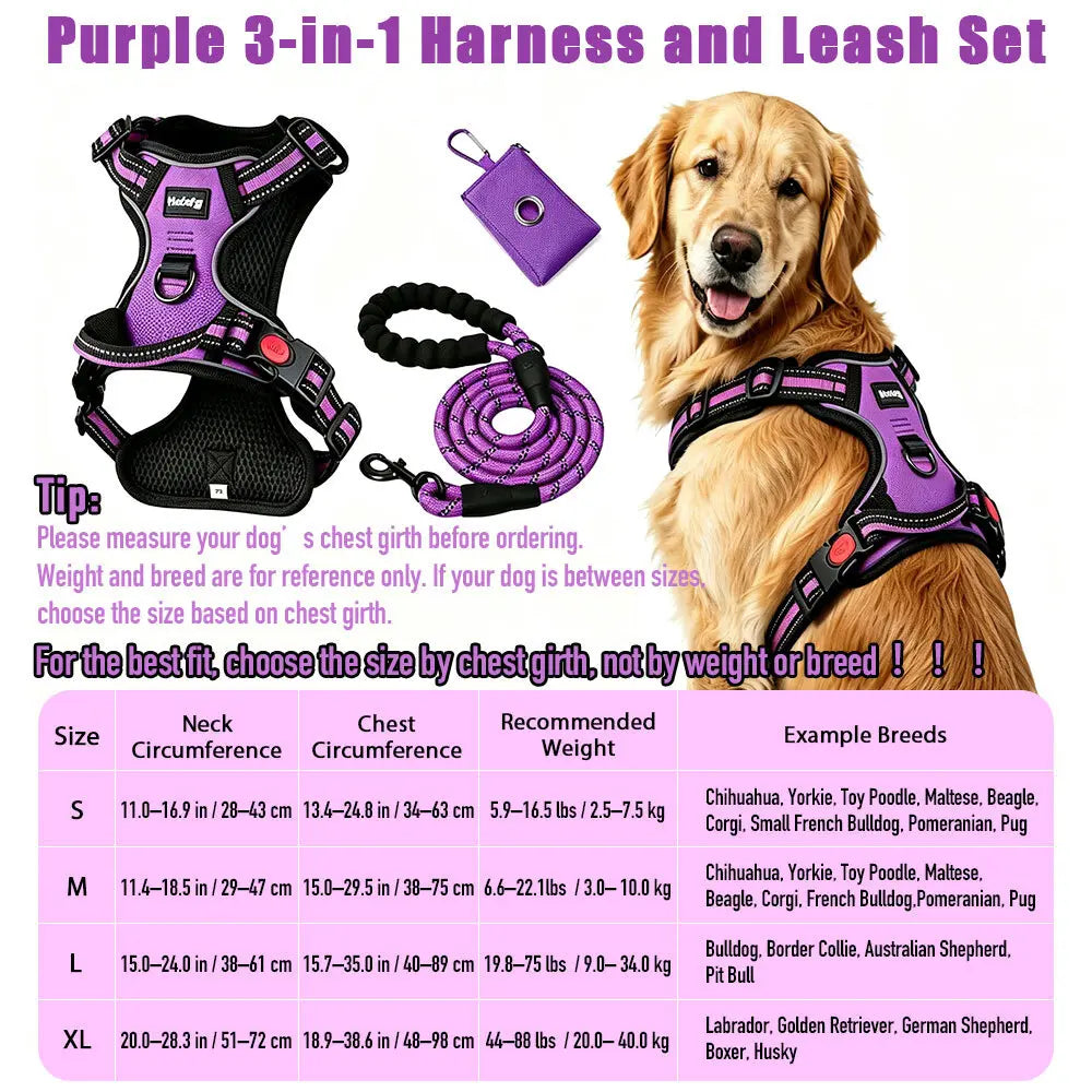 HELETY Purple 3-in-1 Adjustable No-Pull Dog Vest Harness and Leash Set, Sizes S-XL, Dual Front and Back D-Ring Clips, 360° Reflective Design, Padded Chest, Oxford Fabric, Night Safety Features, Built-In Poop Bag Holder, Tangle-Free Cooling Bungee Strap