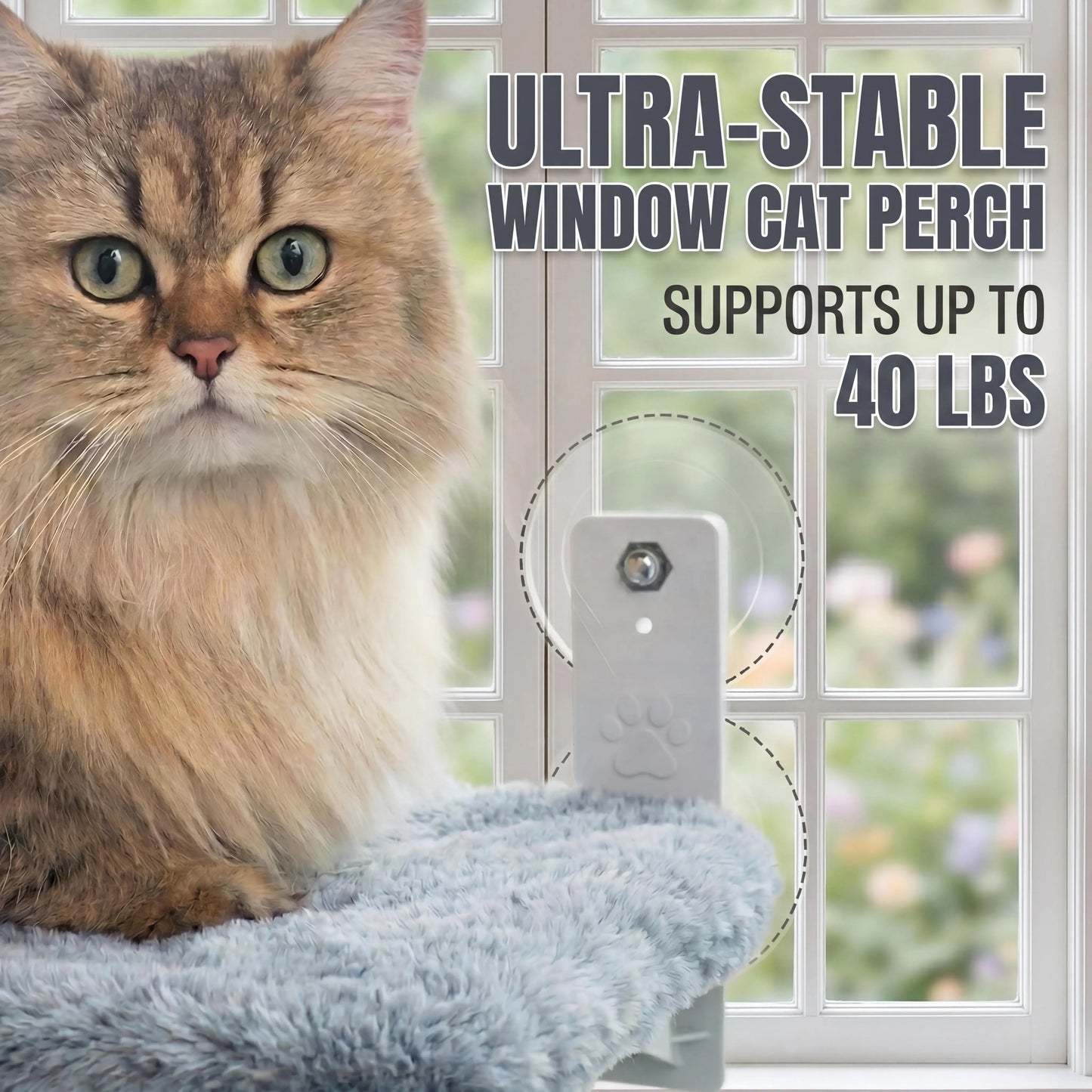 Metal Frame Cat Hammock for Windows - Foldable, Cordless, Machine Washable Bed with Strong Suction Cups - Indoor Cat Perch