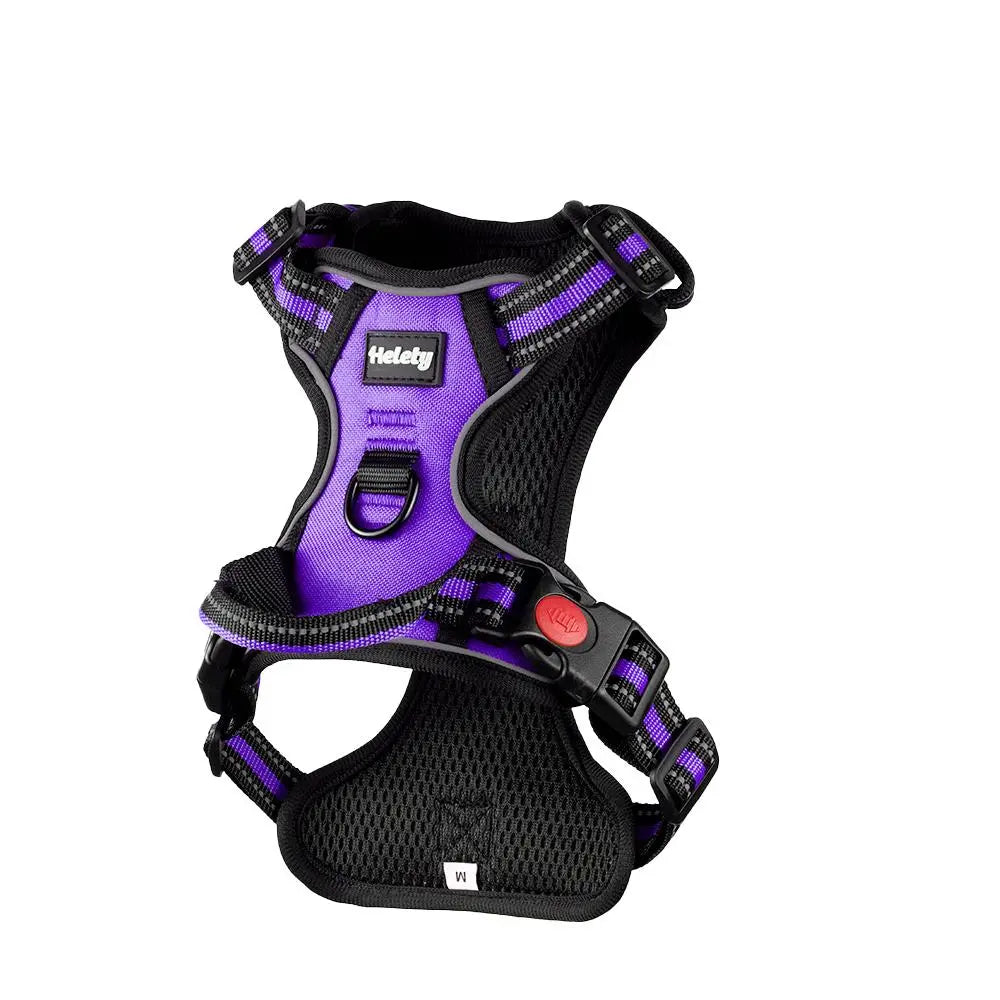 HELETY Purple 3-in-1 Adjustable No-Pull Dog Vest Harness and Leash Set, Sizes S-XL, Dual Front and Back D-Ring Clips, 360° Reflective Design, Padded Chest, Oxford Fabric, Night Safety Features, Built-In Poop Bag Holder, Tangle-Free Cooling Bungee Strap