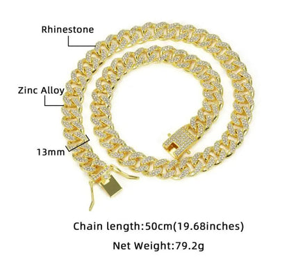 Diamond-Studded Metal Chain Collar with Secure Buckle for Small to Large Dogs and Cats - Cuban Style Pet Accessory