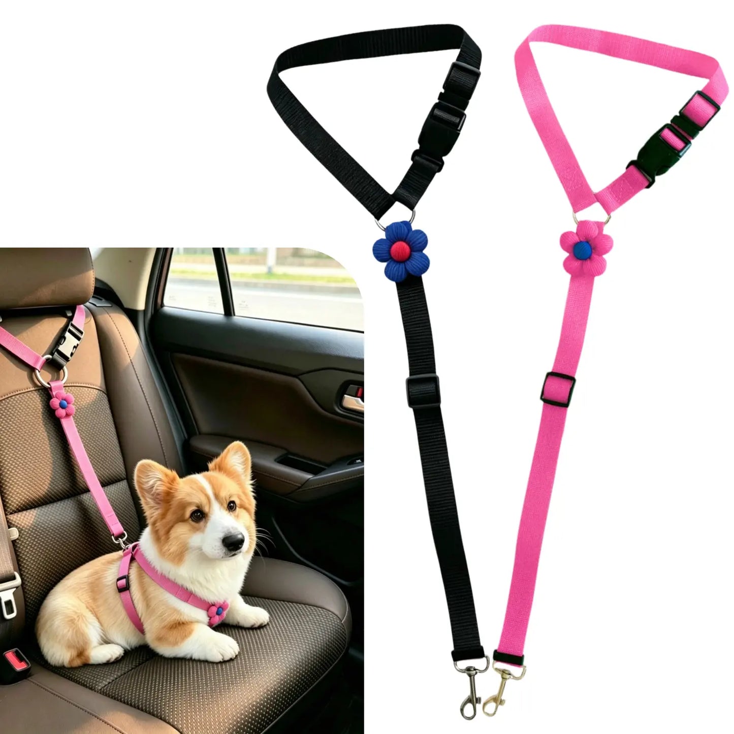 Adjustable Dog Car Safety Seat Belt with Cute Leash - Set of 2