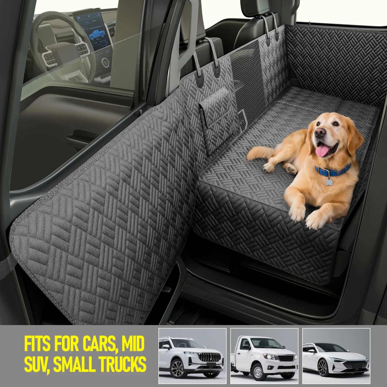 Premium Waterproof Dog Car Seat Cover with Reinforced Base, Supports Up to 400 lbs | Innovative Hammock Style Back Seat Extender for Cars, SUVs, and Full-Size Trucks (Available in Small & Large Sizes)