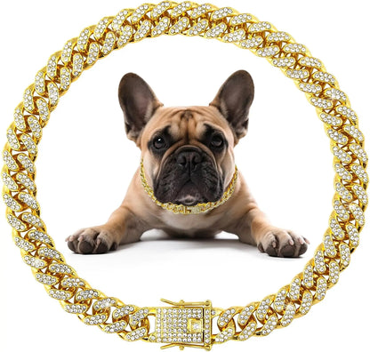Diamond-Studded Metal Chain Collar with Secure Buckle for Small to Large Dogs and Cats - Cuban Style Pet Accessory