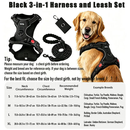 HELETY Purple 3-in-1 Adjustable No-Pull Dog Vest Harness and Leash Set, Sizes S-XL, Dual Front and Back D-Ring Clips, 360° Reflective Design, Padded Chest, Oxford Fabric, Night Safety Features, Built-In Poop Bag Holder, Tangle-Free Cooling Bungee Strap