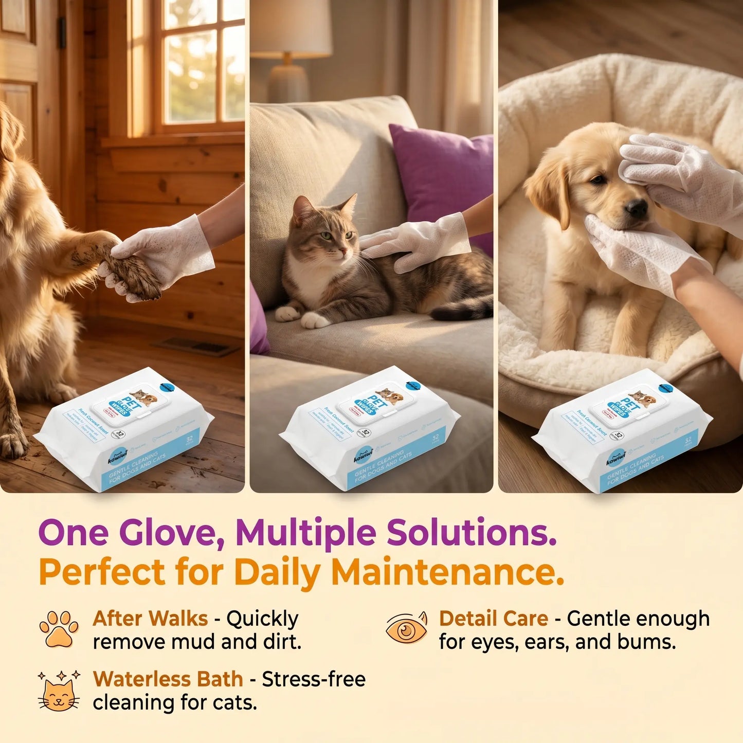 Kawiwi 32-Count Hypoallergenic Pet Grooming Wipes with Coconut Scent - Disposable Glove Wipes for Dogs and Cats, Ideal for Fur Nourishment, Hair Removal, and Skin Care for Daily and Travel Use