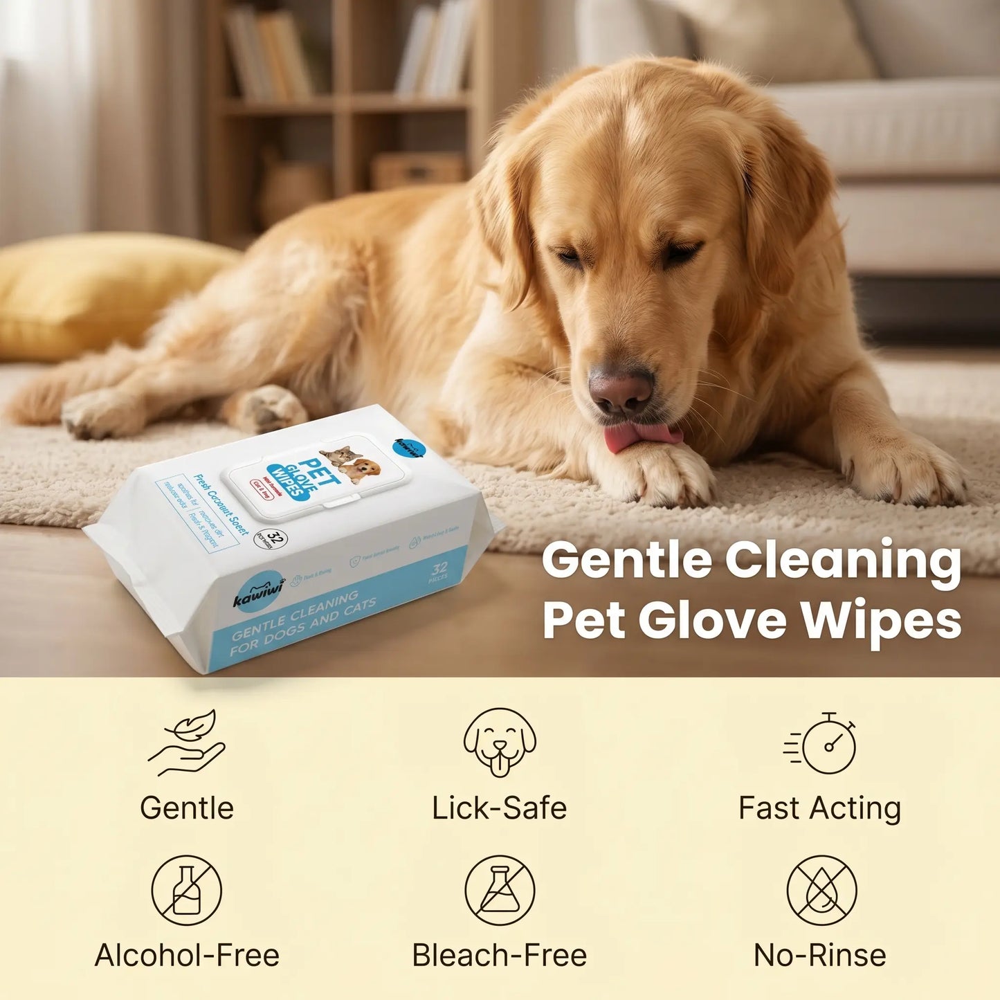 Kawiwi 32-Count Hypoallergenic Pet Grooming Wipes with Coconut Scent - Disposable Glove Wipes for Dogs and Cats, Ideal for Fur Nourishment, Hair Removal, and Skin Care for Daily and Travel Use