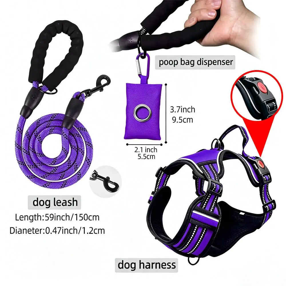 HELETY Purple 3-in-1 Adjustable No-Pull Dog Vest Harness and Leash Set, Sizes S-XL, Dual Front and Back D-Ring Clips, 360° Reflective Design, Padded Chest, Oxford Fabric, Night Safety Features, Built-In Poop Bag Holder, Tangle-Free Cooling Bungee Strap