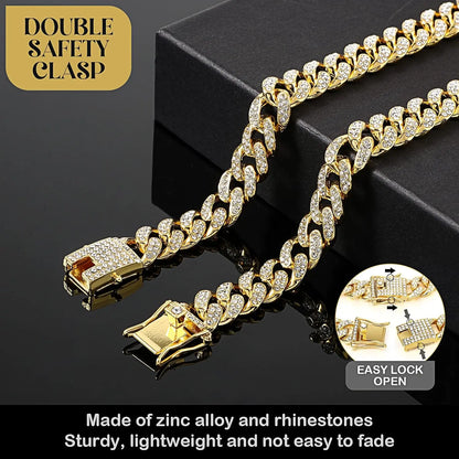 Diamond-Studded Metal Chain Collar with Secure Buckle for Small to Large Dogs and Cats - Cuban Style Pet Accessory
