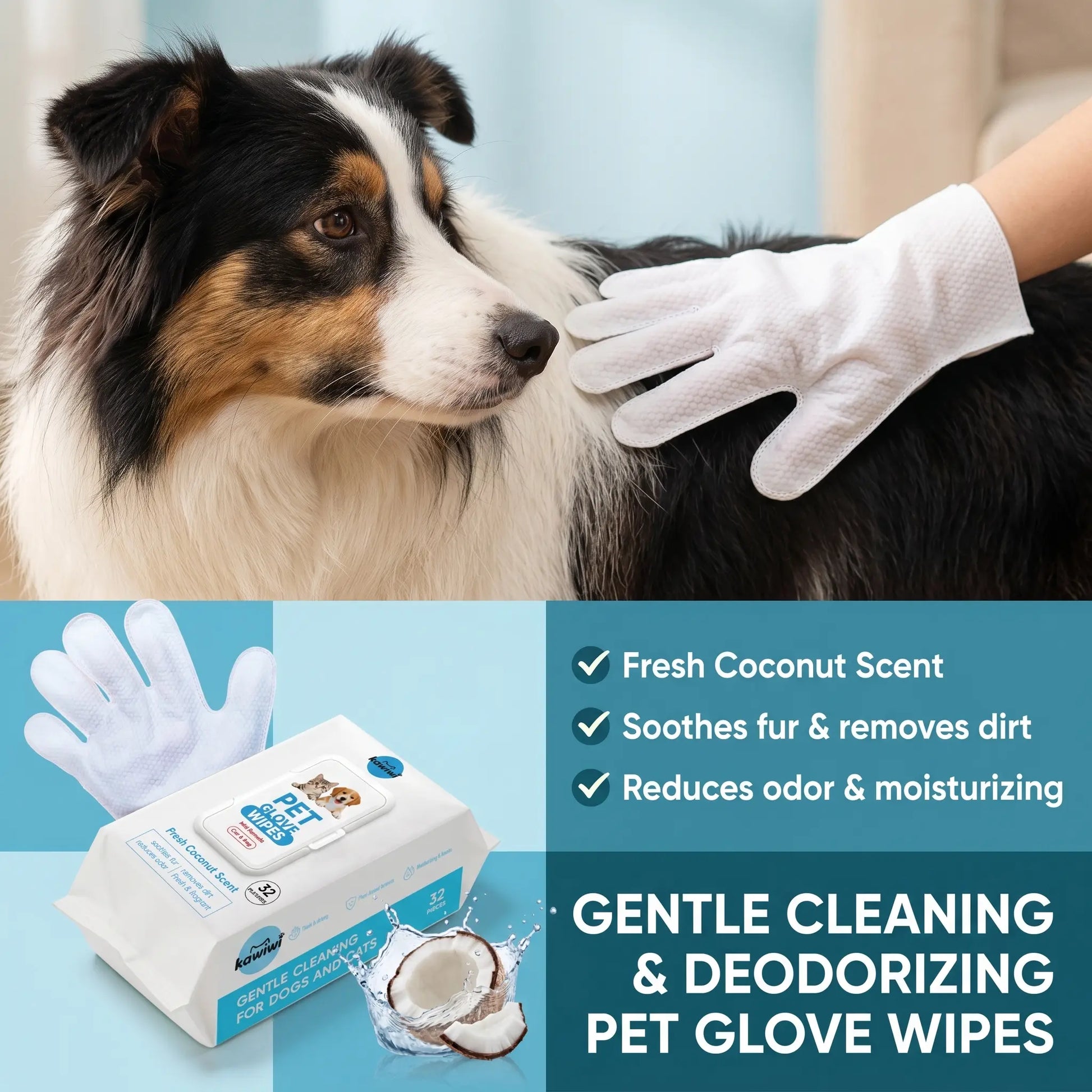 Kawiwi 32-Count Hypoallergenic Pet Grooming Wipes with Coconut Scent - Disposable Glove Wipes for Dogs and Cats, Ideal for Fur Nourishment, Hair Removal, and Skin Care for Daily and Travel Use