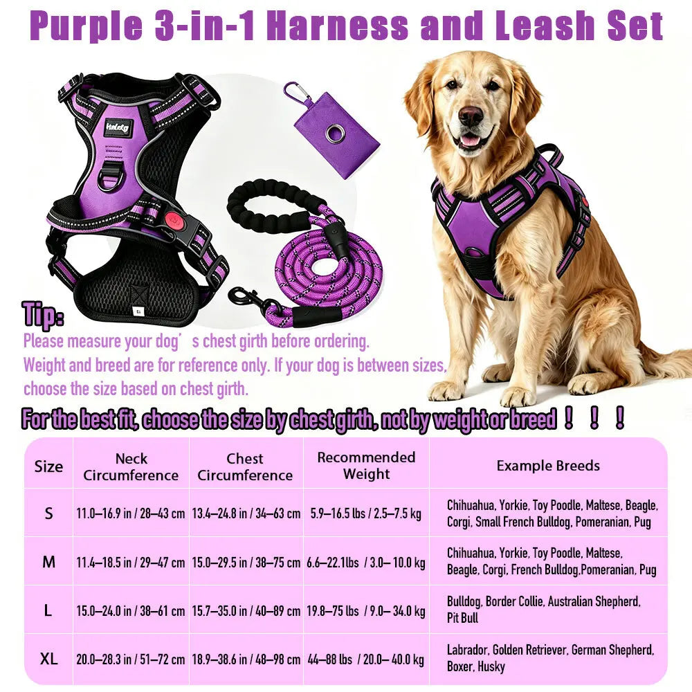 HELETY Purple 3-in-1 Adjustable No-Pull Dog Vest Harness and Leash Set, Sizes S-XL, Dual Front and Back D-Ring Clips, 360° Reflective Design, Padded Chest, Oxford Fabric, Night Safety Features, Built-In Poop Bag Holder, Tangle-Free Cooling Bungee Strap