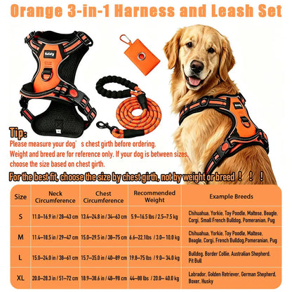 HELETY Purple 3-in-1 Adjustable No-Pull Dog Vest Harness and Leash Set, Sizes S-XL, Dual Front and Back D-Ring Clips, 360° Reflective Design, Padded Chest, Oxford Fabric, Night Safety Features, Built-In Poop Bag Holder, Tangle-Free Cooling Bungee Strap