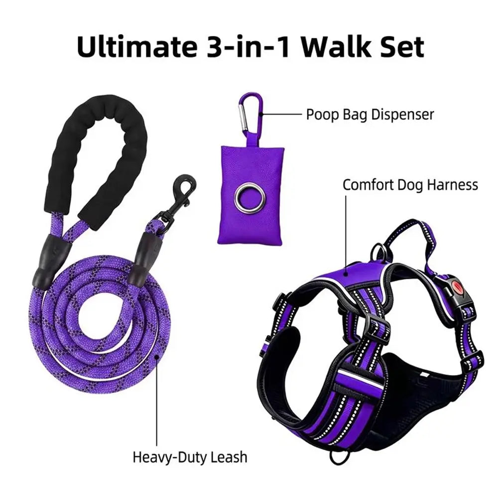 HELETY Purple 3-in-1 Adjustable No-Pull Dog Vest Harness and Leash Set, Sizes S-XL, Dual Front and Back D-Ring Clips, 360° Reflective Design, Padded Chest, Oxford Fabric, Night Safety Features, Built-In Poop Bag Holder, Tangle-Free Cooling Bungee Strap