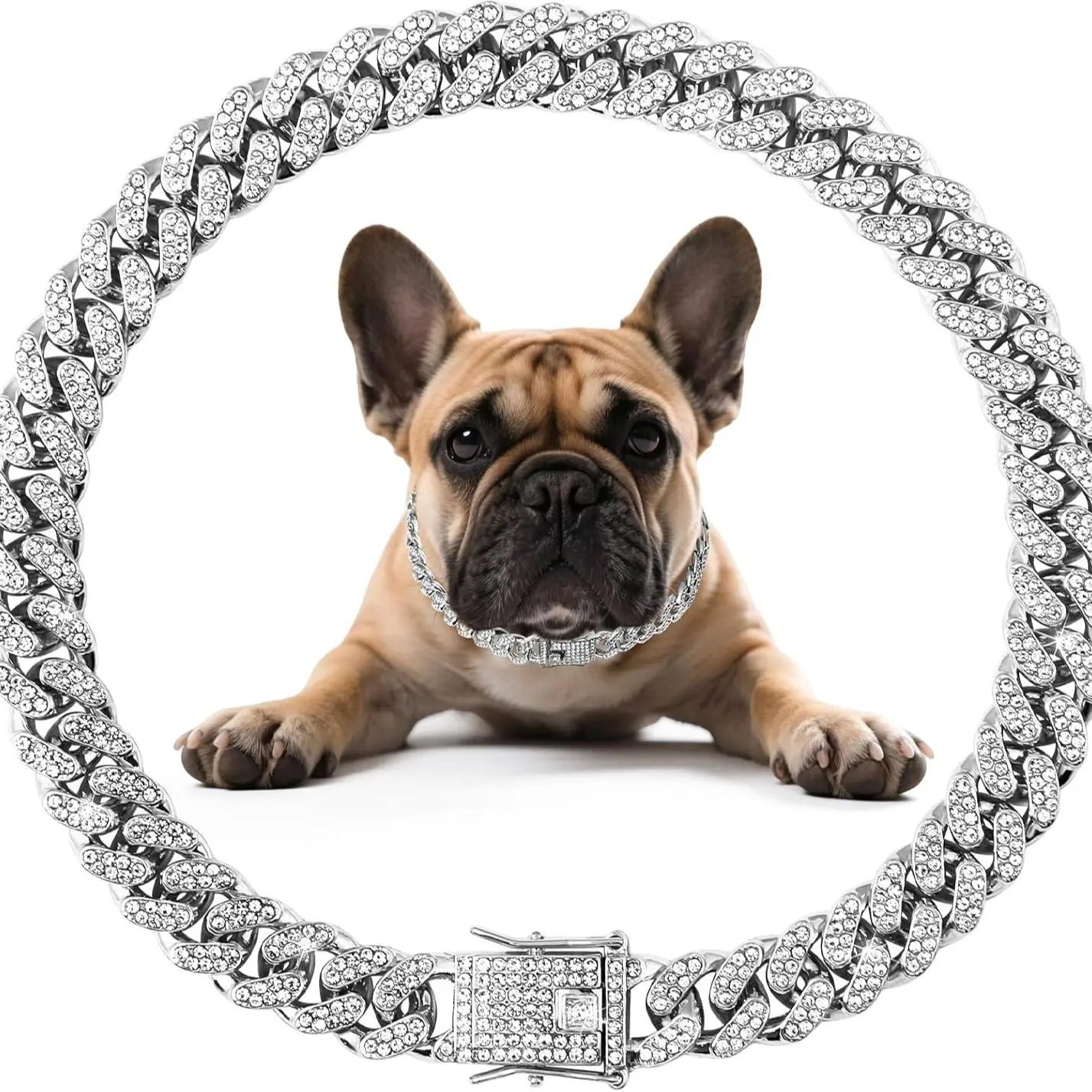 Diamond-Studded Metal Chain Collar with Secure Buckle for Small to Large Dogs and Cats - Cuban Style Pet Accessory