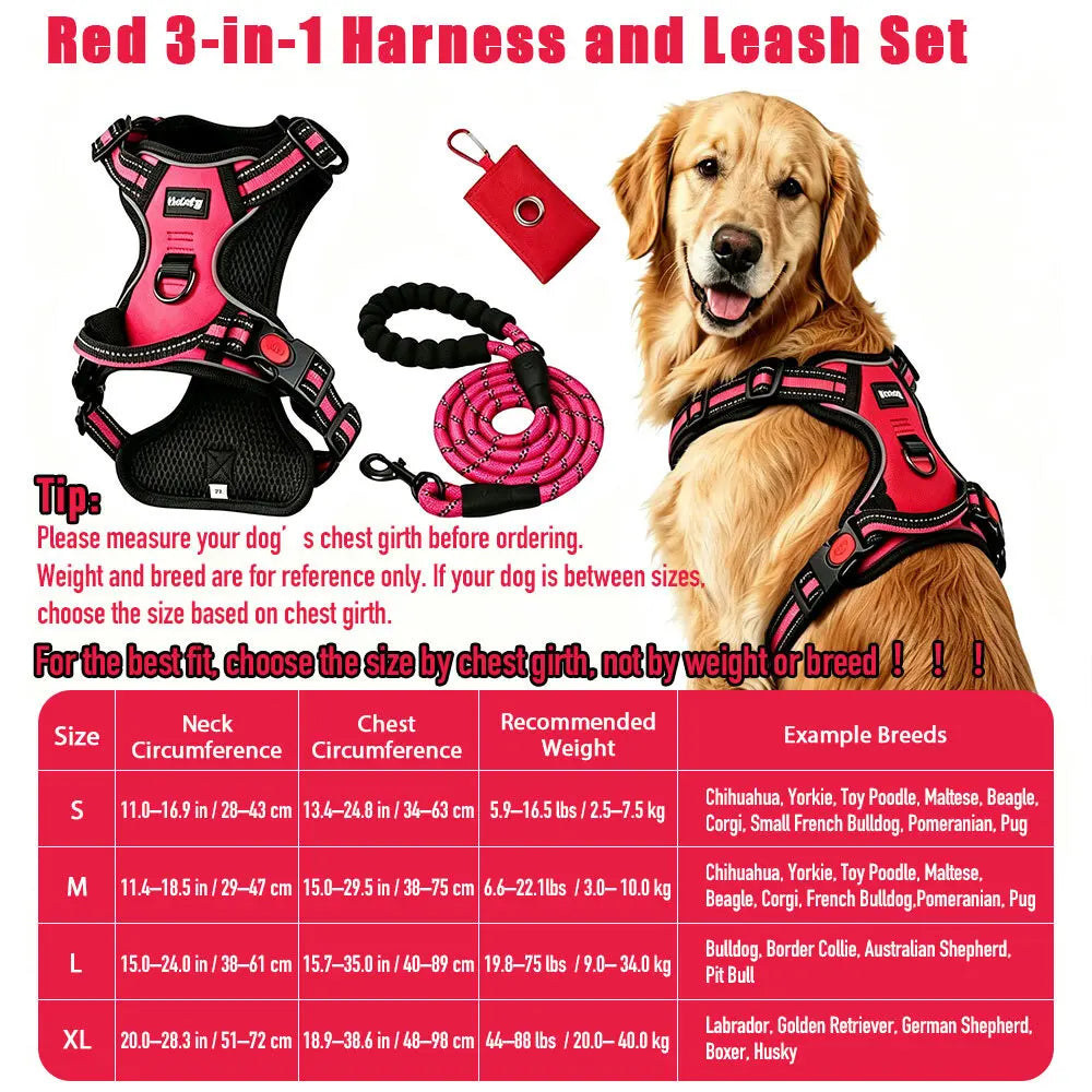 HELETY Purple 3-in-1 Adjustable No-Pull Dog Vest Harness and Leash Set, Sizes S-XL, Dual Front and Back D-Ring Clips, 360° Reflective Design, Padded Chest, Oxford Fabric, Night Safety Features, Built-In Poop Bag Holder, Tangle-Free Cooling Bungee Strap