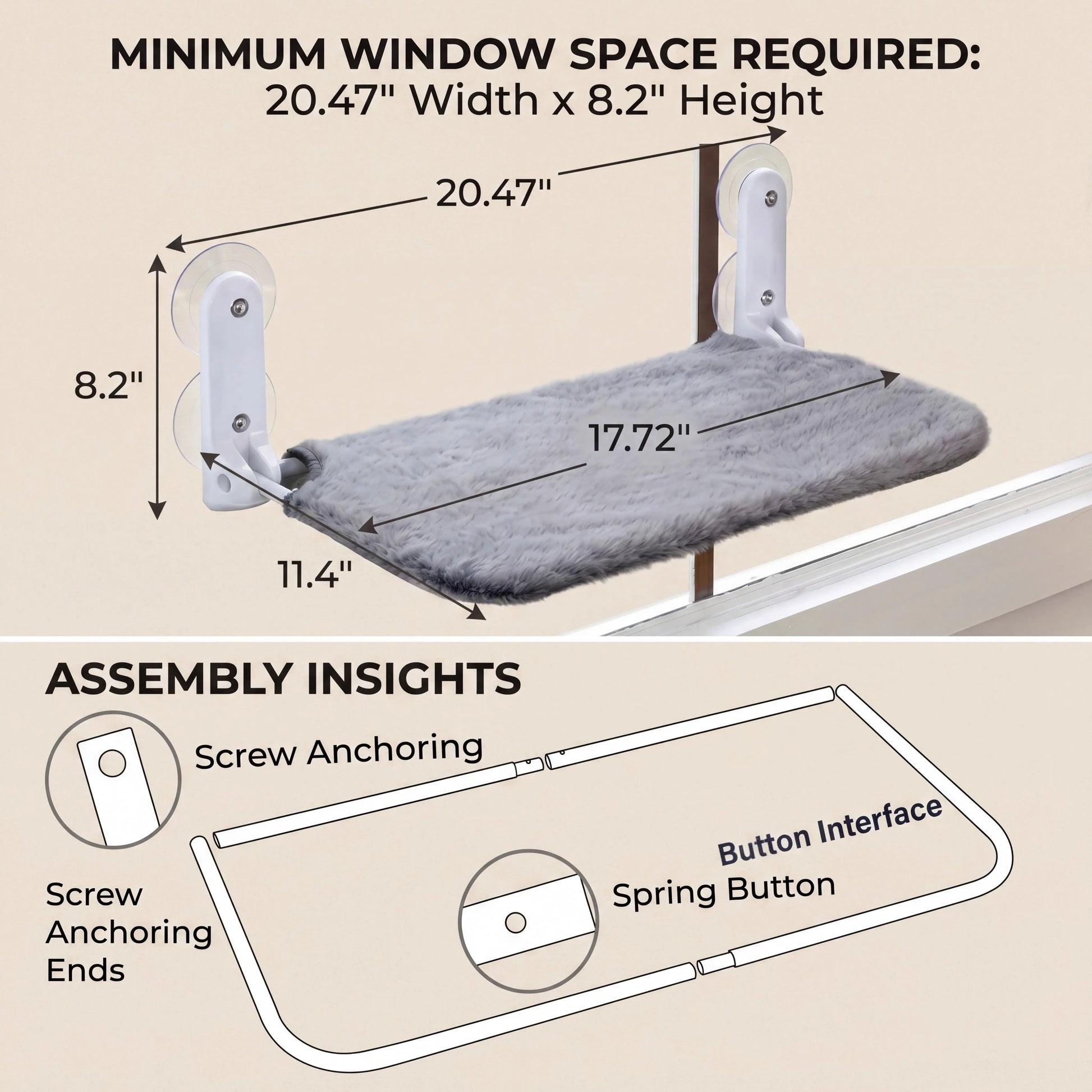 Metal Frame Cat Hammock for Windows - Foldable, Cordless, Machine Washable Bed with Strong Suction Cups - Indoor Cat Perch