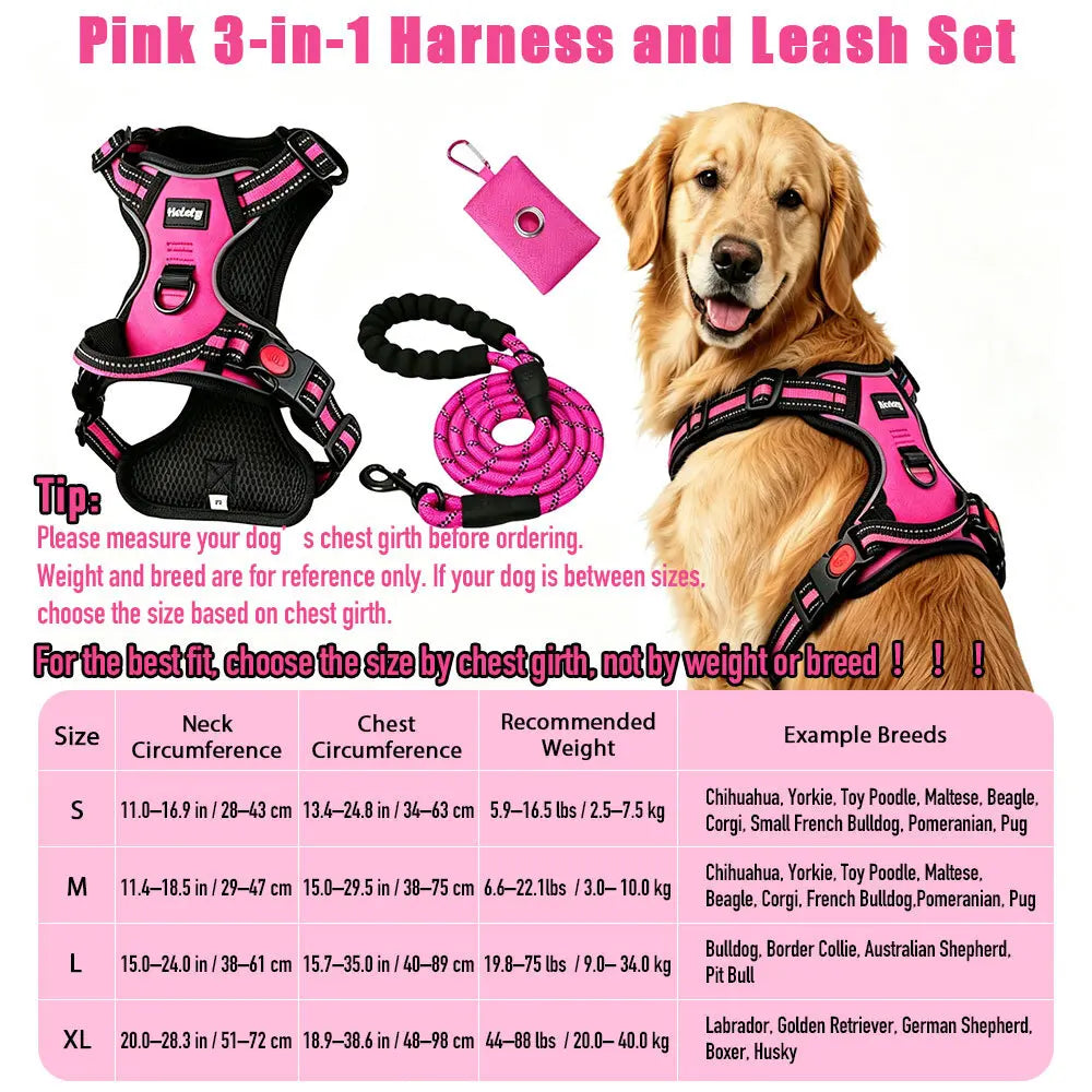 HELETY Purple 3-in-1 Adjustable No-Pull Dog Vest Harness and Leash Set, Sizes S-XL, Dual Front and Back D-Ring Clips, 360° Reflective Design, Padded Chest, Oxford Fabric, Night Safety Features, Built-In Poop Bag Holder, Tangle-Free Cooling Bungee Strap